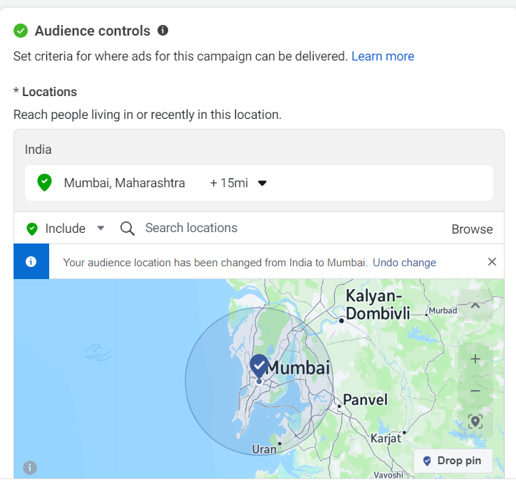 target 15 miles radius to mumbai for facebook marketing for car dealers