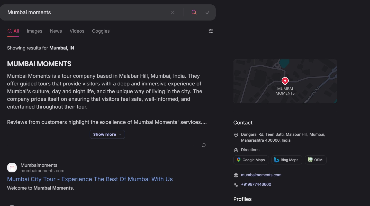travel company Brave search engine Profile